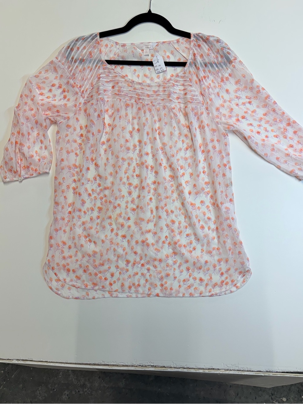 W129 LC Lauren Conrad White Sheer Blouse with Peach Floral Print